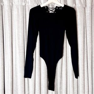Bardot Black Long Sleeve Black Lace Up Back Bodysuit Size Medium
